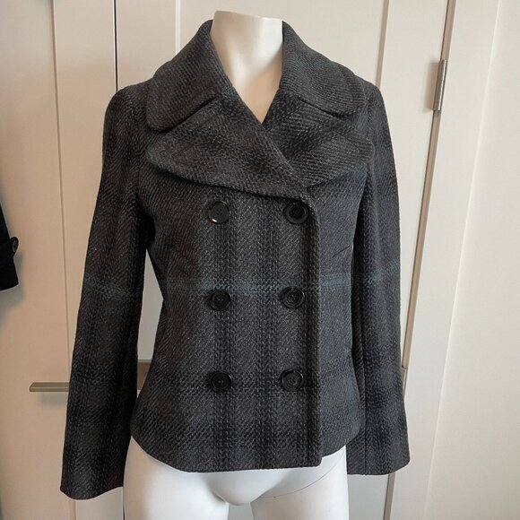 Burberry Brit Double Breasted Plaid 100% Lambswool Lined Coat Grey Blk Blue Sz 6 - Picture 1 of 15